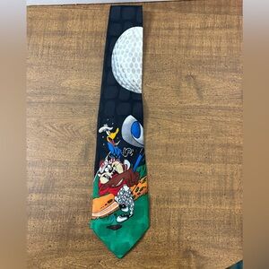 Looney tunes mania silk tie Tasmanian devil daddy duck golf black cl